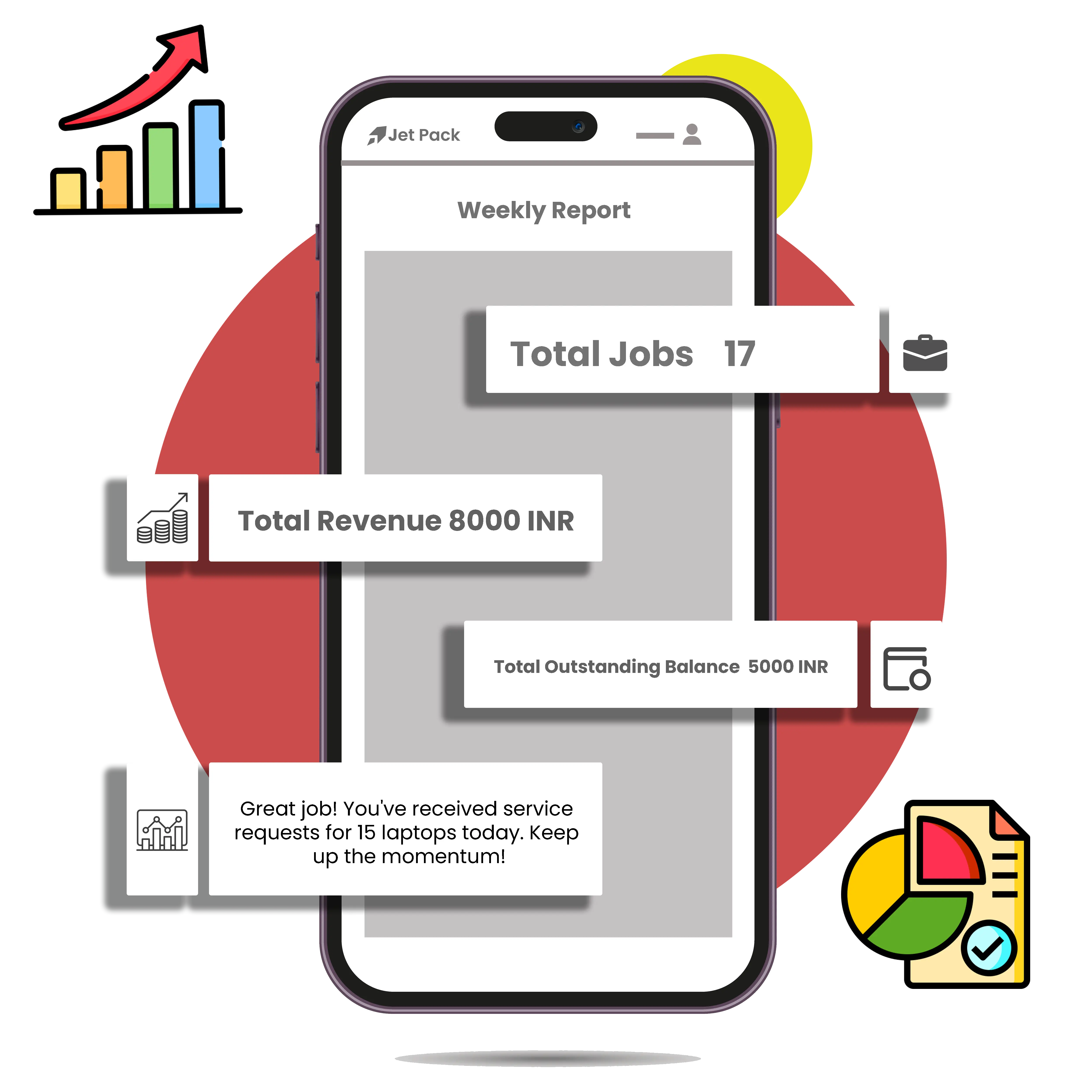 Jet Pack mobile view showing how Jet Pack reports are simple and interactive with customers, including easy navigation, real-time updates, and customer engagement features.